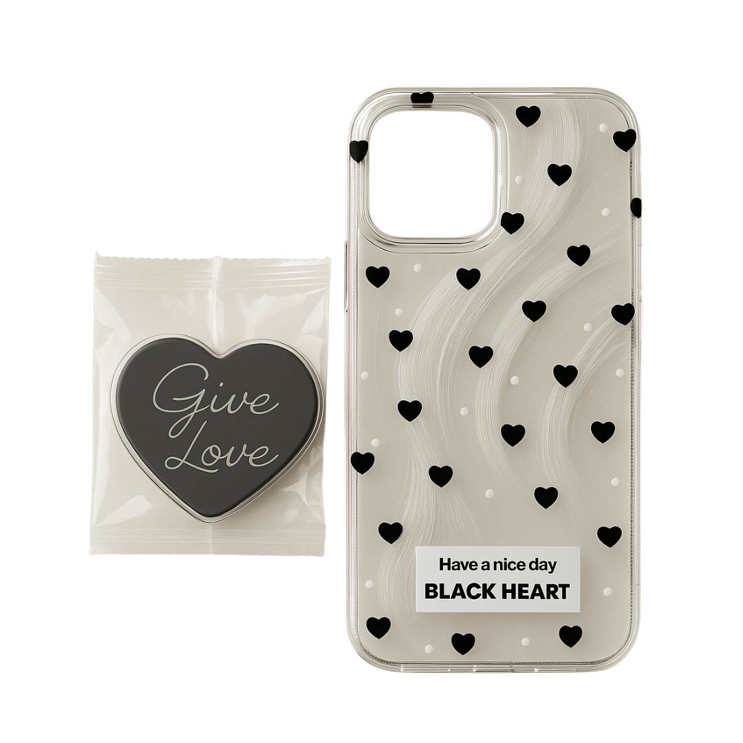 Funda Transparente con Detalles + PopSocket de Corazón Negros - iPhone